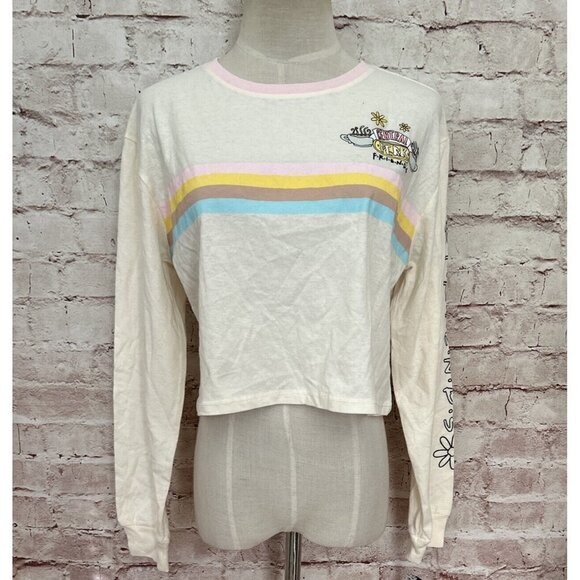 FRIENDS Central Perk Long Sleeve Crop Top Tee Shirt Ivory Juniors Size XS NEW - Picture 1 of 4